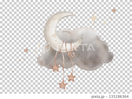 Composition with moon with clouds and stars. Yellow crescent moon. Cute baby Isolated hand drawn Watercolor illustration. Design for kid's goods, textiles, postcards, baby shower and children's room Composition with moon with clouds and stars. Yellow crescent moon. Cute baby Isolated hand drawn Watercolor illustration. Design for kid's goods, textiles, postcards, baby shower and children's room 135286364