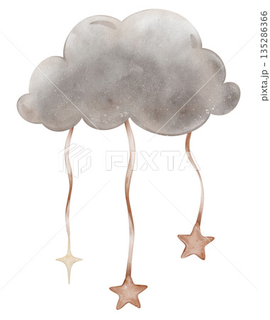 Composition with Grey Clouds with red and yellow stars tied to a ribbon. Hand drawn watercolor illustration in muted tones for Baby shower invitations or nursery wall art. Drawing for kids cards 135286366