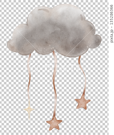 Composition with Grey Clouds with red and yellow stars tied to a ribbon. Hand drawn watercolor illustration in muted tones for Baby shower invitations or nursery wall art. Drawing for kids cards 135286366