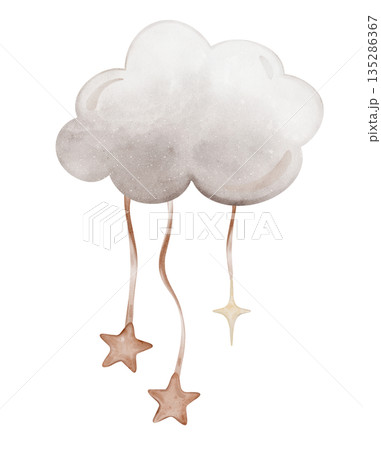 Composition with Grey Clouds with red and yellow stars tied to a ribbon. Hand drawn watercolor illustration in muted tones for Baby shower invitations or nursery wall art. Drawing for kids cards 135286367