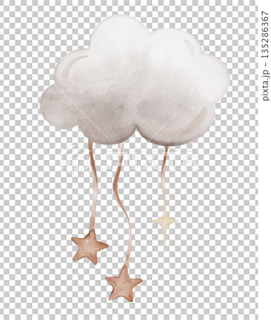 Composition with Grey Clouds with red and yellow stars tied to a ribbon. Hand drawn watercolor illustration in muted tones for Baby shower invitations or nursery wall art. Drawing for kids cards 135286367