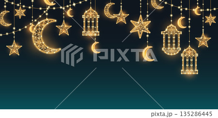 Eid Ramadan lights garland on dark blue background Eid Ramadan lights garland on dark blue background 135286445