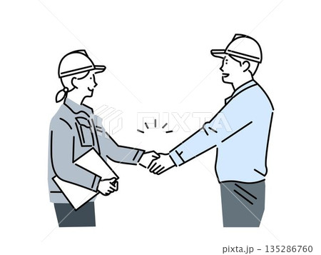 握手をするヘルメットを被る作業着の男女ー交渉成立ー契約ー成功ービジネスパーソン　ベクターイラスト素材 135286760