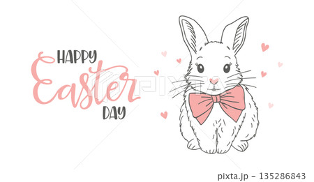 Happy Easter Greeting Card with Adorable Bunny with Pink Bow. Festive banner. 135286843