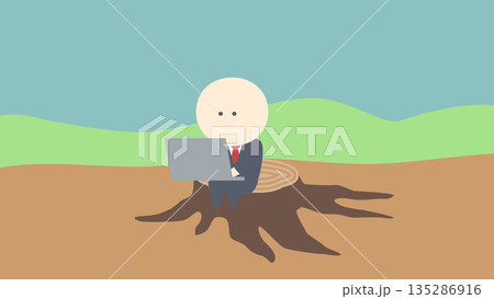 ビジネスイメージイラスト_切り株の上に座って仕事するビジネスマン 135286916