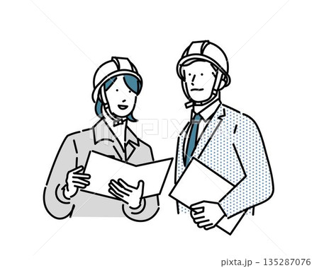 書類またはPCを持つビジネスパーソンー男女ー上半身ーヘルメットを被った男女ーベクターイラスト素材 135287076