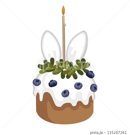 Hand-drawn Easter cake design made of berries, green leaves wreath and candle and bunny ears, Easter greeting card template Hand-drawn Easter cake design made of berries, green leaves wreath and candle and bunny ears, Easter greeting card template 135287261