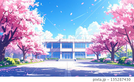 桜咲く春の学校の校舎と桜並木の風景 135287430