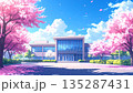 桜咲く春の学校の校舎と桜並木の風景 135287431