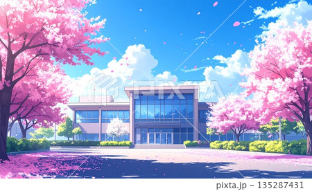 桜咲く春の学校の校舎と桜並木の風景 桜咲く春の学校の校舎と桜並木の風景 135287431