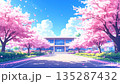 桜咲く春の学校の校舎と桜並木の風景 135287432