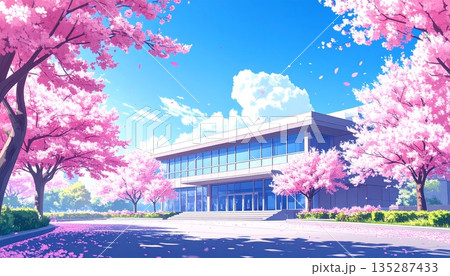 桜咲く春の学校の校舎と桜並木の風景 桜咲く春の学校の校舎と桜並木の風景 135287433
