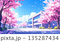 桜咲く春の学校の校舎と桜並木の風景 135287434