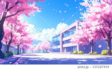 桜咲く春の学校の校舎と桜並木の風景 135287434