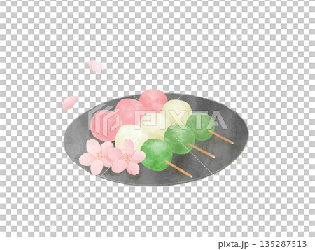 精美的水彩插畫，描繪了櫻花和三色餃子，賞櫻、春季日式甜點，可愛 135287513