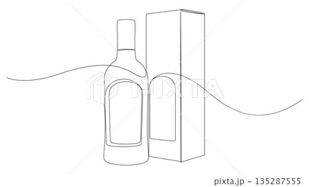 Continuous one line drawing of whiskey bottle and gift box Continuous one line drawing of whiskey bottle and gift box 135287555