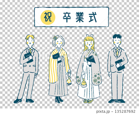 卒業式に、卒業証書を持って立つ学生男女4人のイラスト 135287692
