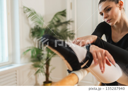Young ballerina in tutu skirt stretching practicing ballet positions dancing near ballet barre in dance class. Young classical dancer woman in dance studio. Ballet class training Ballet school concept 135287940