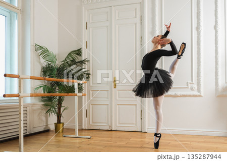 Young ballerina in tutu skirt dancing practicing ballet positions in dance class. Young classical dancer woman in dance studio. Ballet class training. Performer girl rehearsing dance in ballet school 135287944