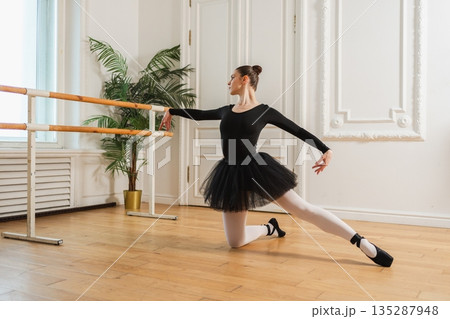 Young ballerina in tutu skirt dancing practicing ballet positions in dance class. Young classical dancer woman in dance studio. Ballet class training. Performer girl rehearsing dance in ballet school Young ballerina in tutu skirt dancing practicing ballet positions in dance class. Young classical dancer woman in dance studio. Ballet class training. Performer girl rehearsing dance in ballet school 135287948