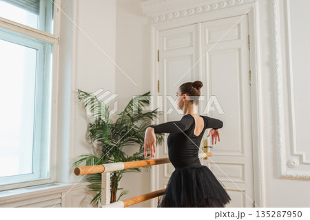 Young ballerina in tutu skirt stretching practicing ballet positions dancing near ballet barre in dance class. Young classical dancer woman in dance studio. Ballet class training Ballet school concept 135287950