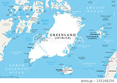 Greenland and Arctic Region, political map of the largest island of the world, situated between Arctic and Atlantic ocean, east of the Canadian Arctic Archipelago. With Iceland, and Svalbard. Vector 135288250