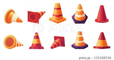 Traffic cones. Striped traffic cone different positions. Safety signs, road worker equipment for construction and repair, warning funnel signal, nowaday vector set Traffic cones. Striped traffic cone different positions. Safety signs, road worker equipment for construction and repair, warning funnel signal, nowaday vector set 135288536