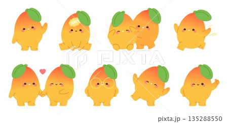 Mango characters. Cute sweetie mangoes, funny children mascots. Isolated fruits smiling, hugging, running. Fresh fruit in love, friends, racy vector clipart 135288550