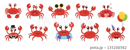 Cartoon cute crabs. Crab in love, with balloons, wear sunglasses and ready to swim. Funny underwater characters various emotions, animals classy vector clipart 135288562