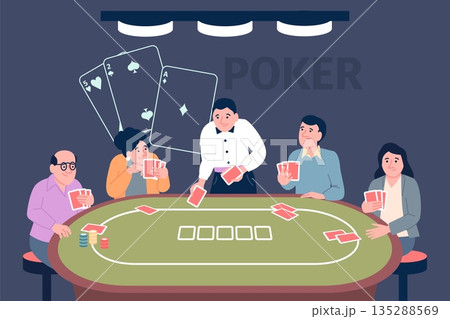 Poker players. Cards tournament evening, players at table and professional croupier. Flat cartoon casino, gambling addiction, work, recent vector scene 135288569