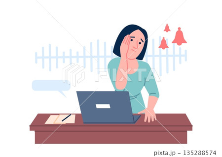 Girl scared work. Young woman frustrated, sitting with laptop and dong want working or studying. Digital stress, tired and burn out, recent vector scene Girl scared work. Young woman frustrated, sitting with laptop and dong want working or studying. Digital stress, tired and burn out, recent vector scene 135288574