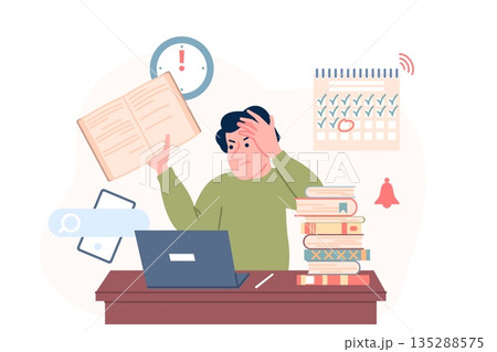 Student scared exam. Male character preparation to exametation. Young man feeling frustration, aggression, stress. Reading laptop and book, recent vector concept 135288575