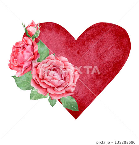 A hand-drawn watercolor heart decorated with roses. Suitable for printing and designing Valentine's Day cards and invitations. 135288680