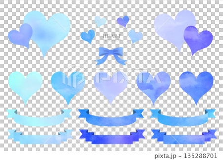 Watercolor style blue heart and ribbon illustration material set 135288701