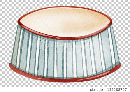 Illustration of a podium platform in cartoon style. Watercolor drawing in red and green. Round platform, stage, and pedestal in red and green. Isolated scene. 135288797