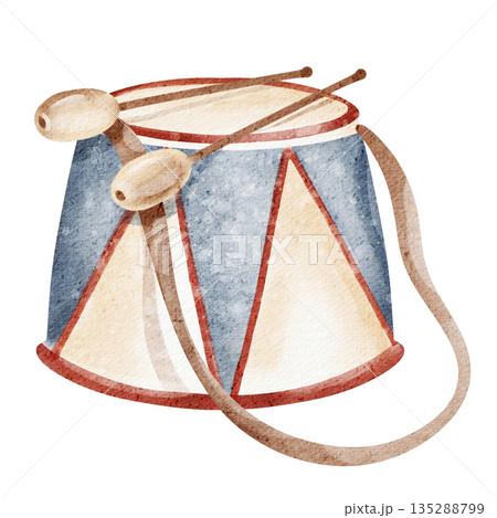 Watercolor drawing of a kids drum. Cartoon percussion instrument, drumstick, music design. Hand drawn, isolated artwork. Illustration of a children's drum in cartoon style. 135288799