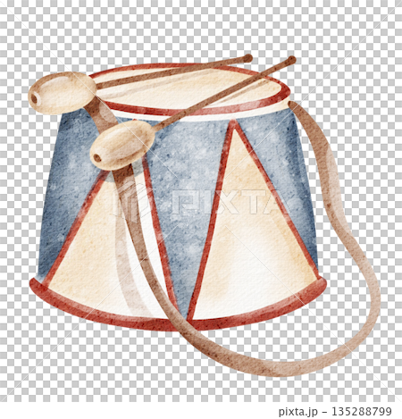 Watercolor drawing of a kids drum. Cartoon percussion instrument, drumstick, music design. Hand drawn, isolated artwork. Illustration of a children's drum in cartoon style. 135288799
