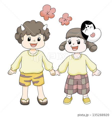 節分 手をつなぐ男の子と女の子 節分 手をつなぐ男の子と女の子 135288920