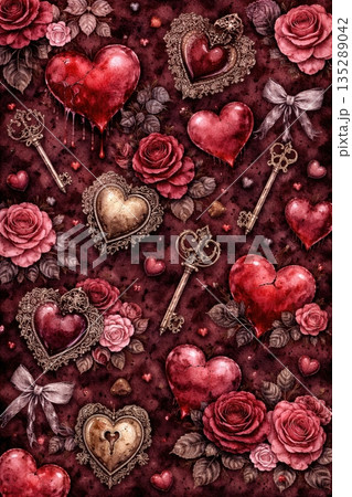 A gothic seamless pattern with ornate hearts roses vintage keys and dark romantic elements A gothic seamless pattern with ornate hearts roses vintage keys and dark romantic elements 135289042