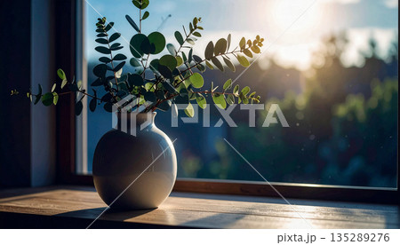 hite Ceramic Vase with Eucalyptus Branch. Mental Mindfulness Concept. Generated Image hite Ceramic Vase with Eucalyptus Branch. Mental Mindfulness Concept. Generated Image 135289276