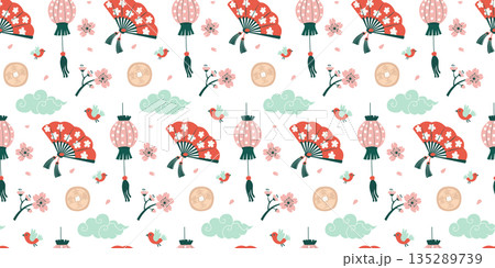 Chinese New Year Seamless Pattern with Lanterns, Fans and Cherry Blossoms Chinese New Year Seamless Pattern with Lanterns, Fans and Cherry Blossoms 135289739