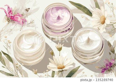 Set of cartoon glass jars with skin creams, various flowers and herbs around, natural product, cosmetics and body care, skin care, vector illustration 135289740