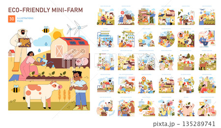 Vector illustration set showcasing eco-friendly mini-farming practices. Features various sustainable farming methods, renewable energy, and eco-conscious farming activities, promoting sustainability. 135289741