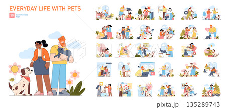 Illustrations depicting people interacting joyfully with pets in everyday situations. A diverse set showcasing moments of companionship, play, and care with cats and dogs. This vector pack highlights 135289743