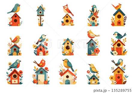 Set of cartoon cute birdhouses and birds next to them, decorated with flowers and plants, wooden building, doors and windows to the house, housing for a bird, vector illustration 135289755