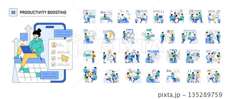 Productivity boosting vector illustration depicts a person confidently using a laptop while seated on a calendar. This creative visual symbolizes time management and efficient planning. Productivity boosting vector illustration depicts a person confidently using a laptop while seated on a calendar. This creative visual symbolizes time management and efficient planning. 135289759