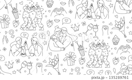 Galentines Day Seamless Border Frame Pattern, Women Friendship Line Art Vector Illustration Galentines Day Seamless Border Frame Pattern, Women Friendship Line Art Vector Illustration 135289761