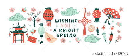 Wishing You A Bright Spring Chinese New Year Festive Banner with Lanterns and Blossoms 135289767