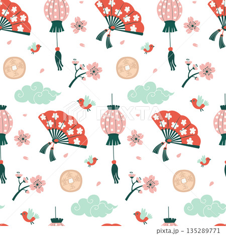 Chinese New Year Seamless Pattern with Lanterns, Fans and Cherry Blossoms Chinese New Year Seamless Pattern with Lanterns, Fans and Cherry Blossoms 135289771