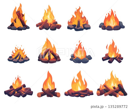Set of cartoon campfires on a camping site, live fire, burning logs, decoration with stones, picnic, tourism, travel, vector illustration Set of cartoon campfires on a camping site, live fire, burning logs, decoration with stones, picnic, tourism, travel, vector illustration 135289772